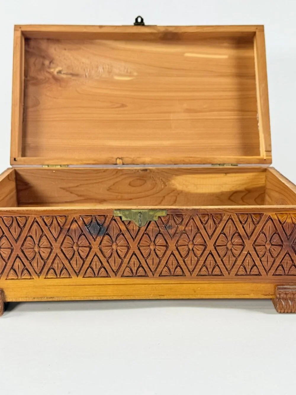 Vintage Cedar Wood Jewelry Box With Carved Floral Design & Landscape Scene Lid